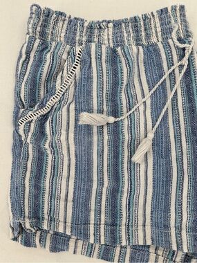 BRIGGS Linen Blend Striped Shorts XXL Blue Aqua Tassel Drawstring Coastal